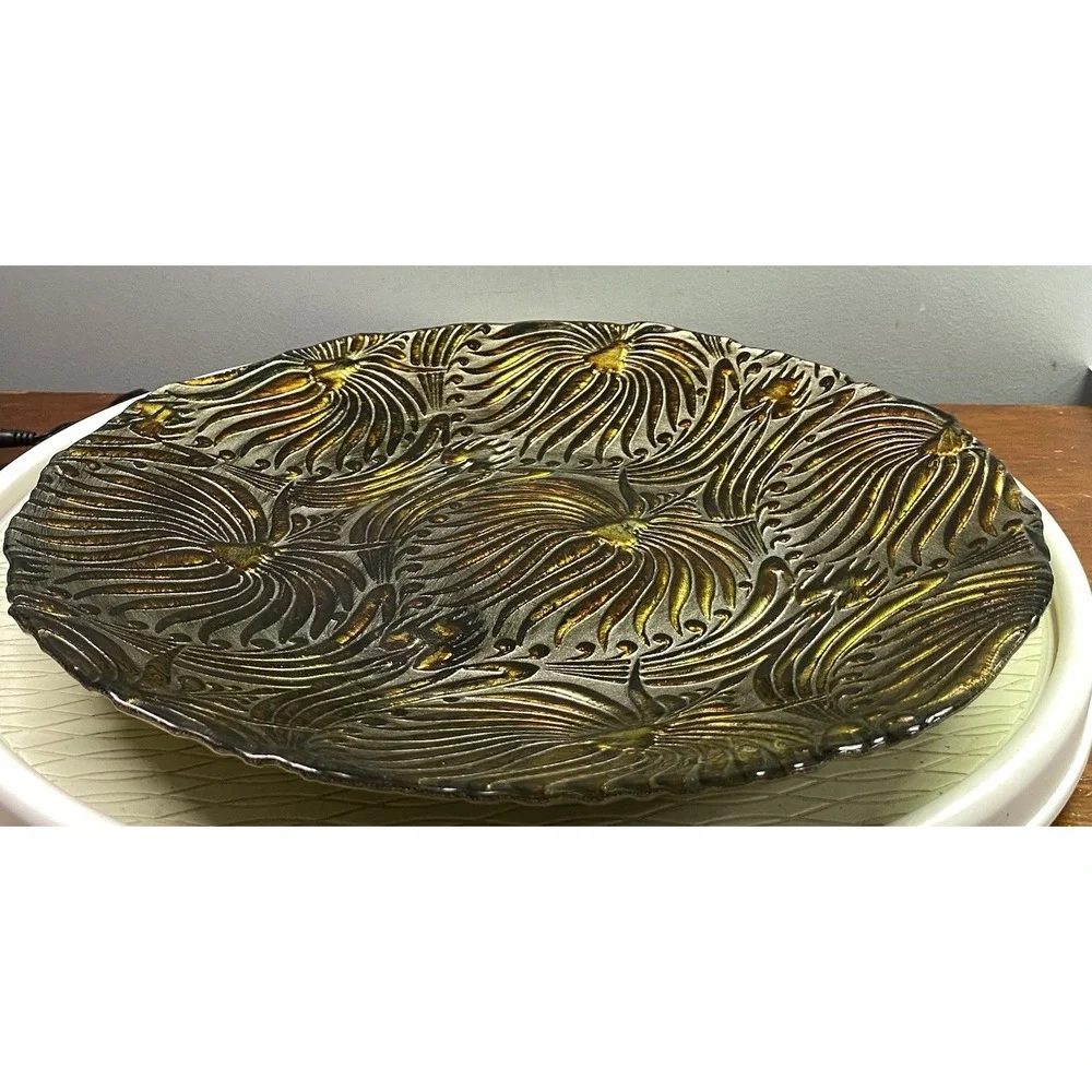 Vintage Three Heads Hand Painted Glass Decorative‎ Gold&Brown Decor Bowl 15